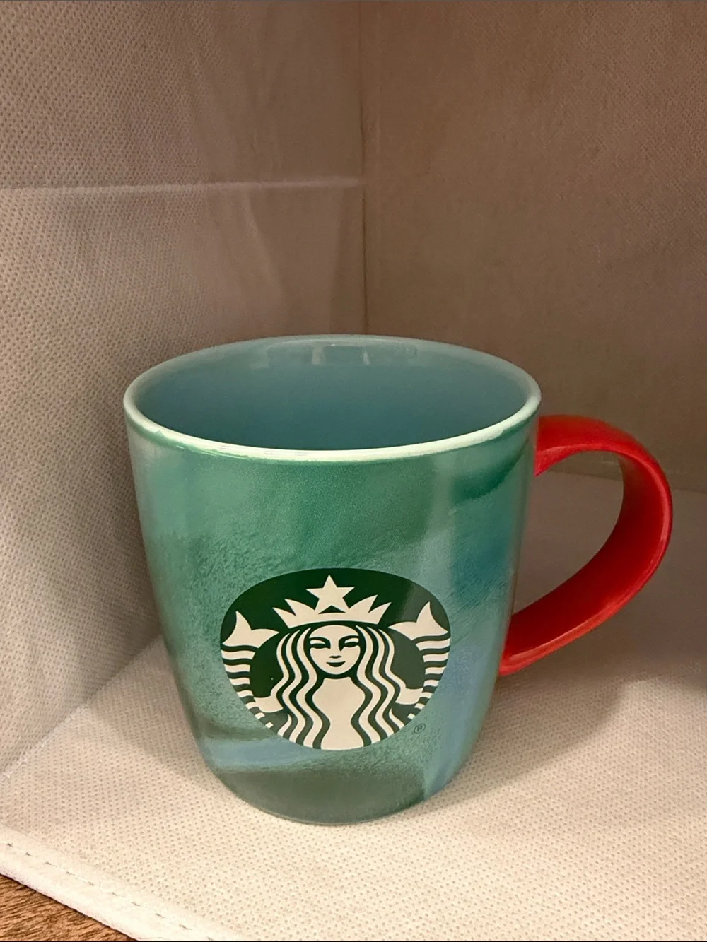 Starbucks Teal Ombre Ceramic Mugs with Red Accent Handle (Pair)